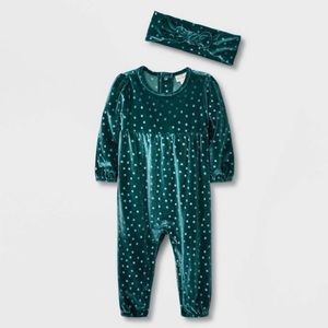 NWT Green Velvet Cat & Jack polka dot one piece with bow 3-6 months